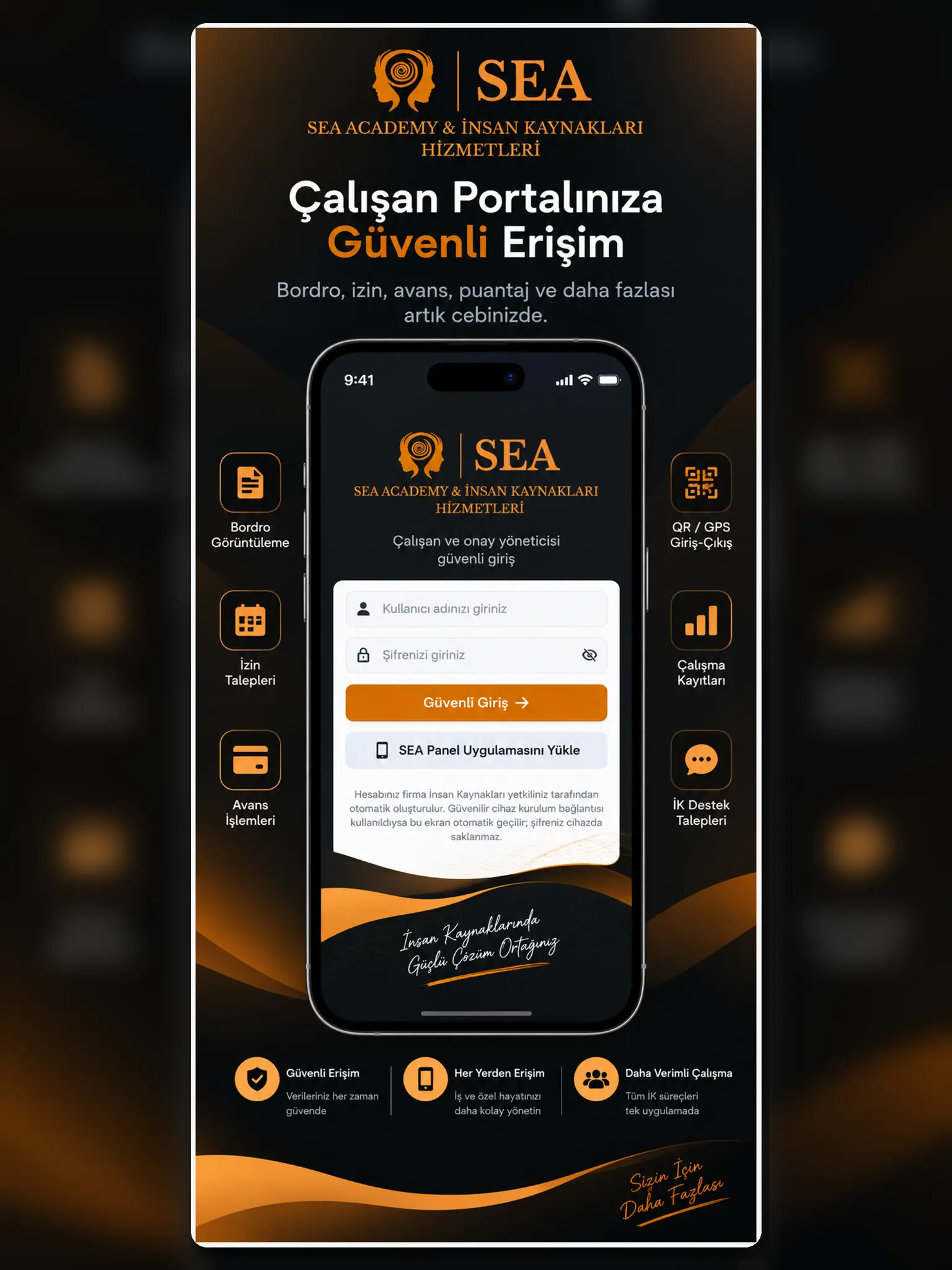 Sea Academy çalışan mobil uygulaması güvenli giriş ekranı