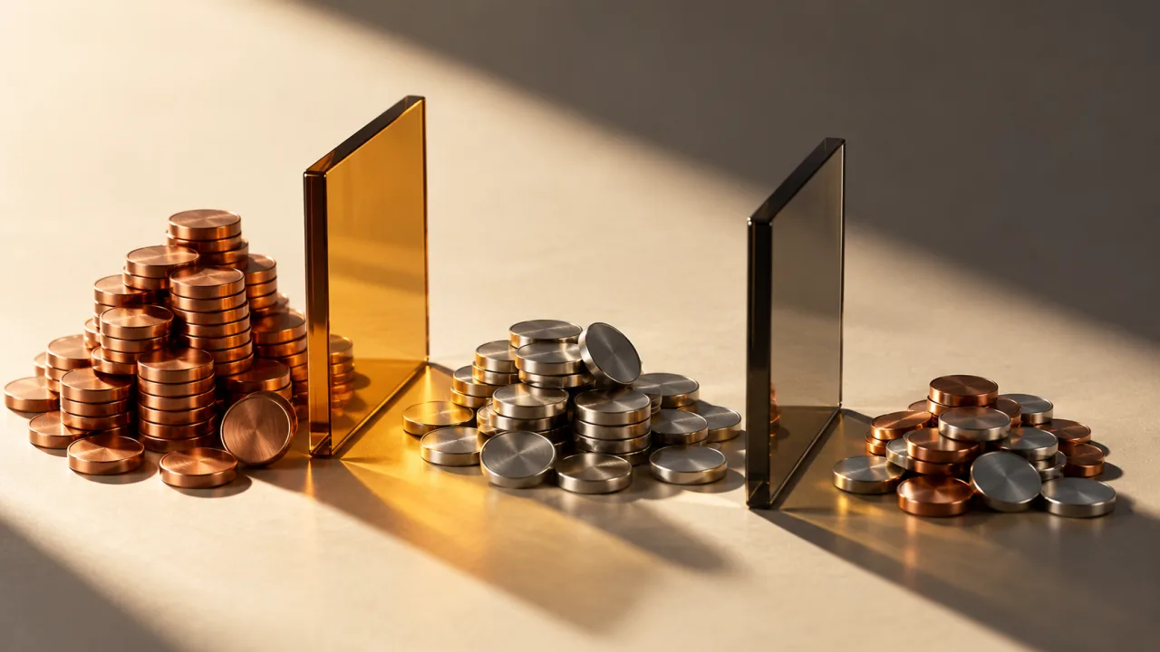 Amber ve füme cam ayraçların arasında yazısız bakır ve gümüş metal diskler; ücret bileşenlerini simgeleyen kompozisyon.