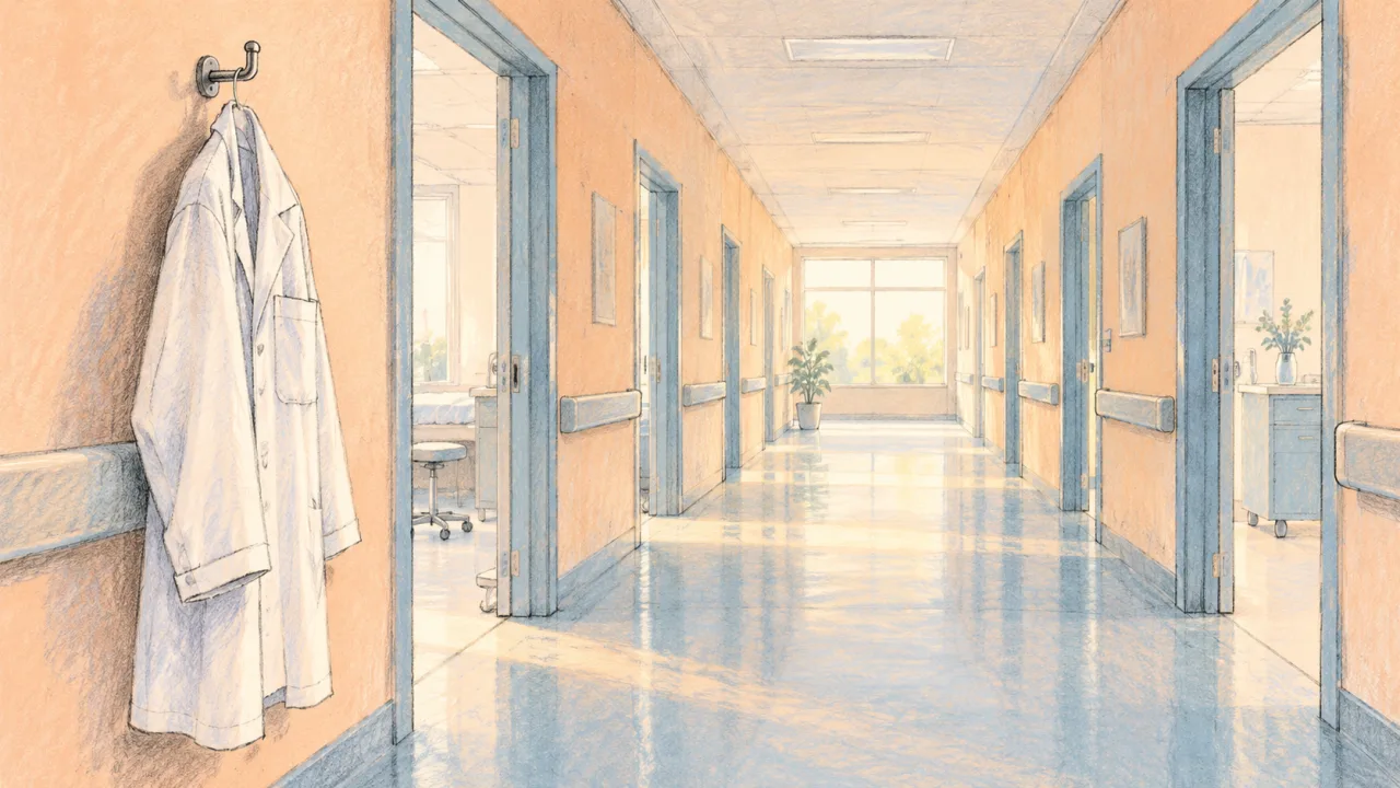 Pastel ve mürekkeple çizilmiş hastane koridorunda açık kapılar ve duvarda asılı boş beyaz önlük.