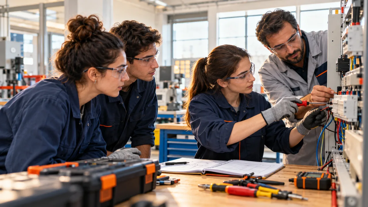 Genç yetişkinlerin bir eğitim atölyesinde uzman eşliğinde elektrik panosunu incelemesini gösteren temsili görsel.