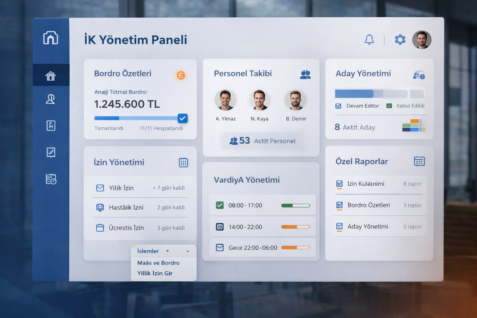 İnsan kaynakları sistemi dashboard ekranı